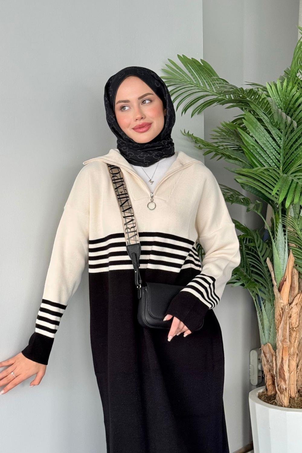 Çizgili Triko Elbise Siyah 1366 