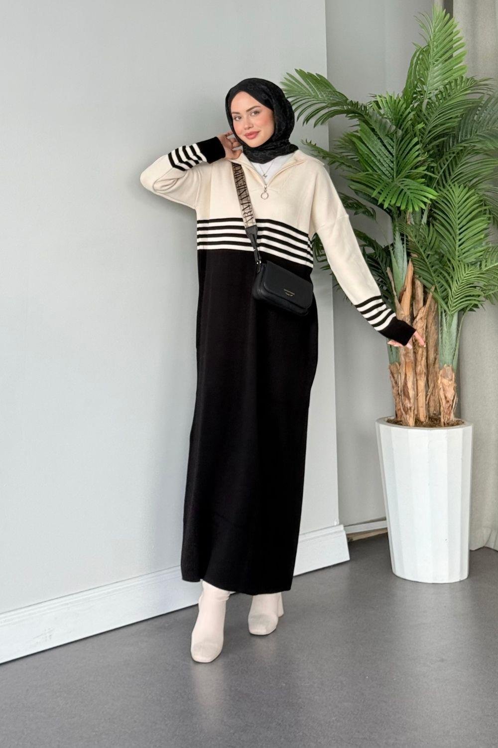 Çizgili Triko Elbise Siyah 1366 