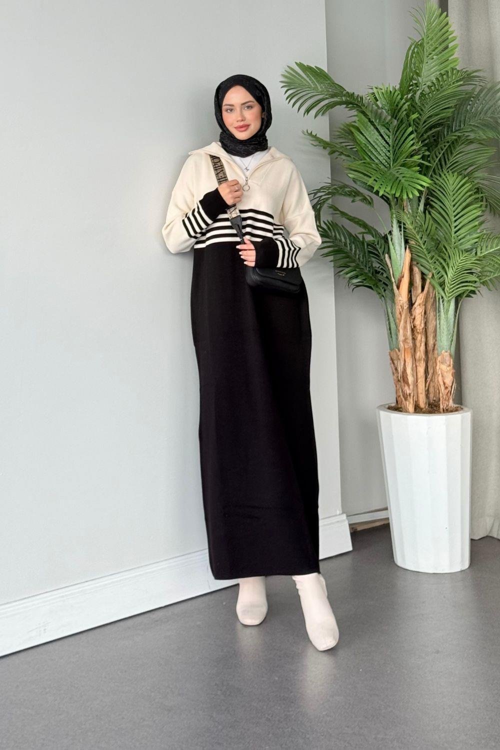 Çizgili Triko Elbise Siyah 1366 