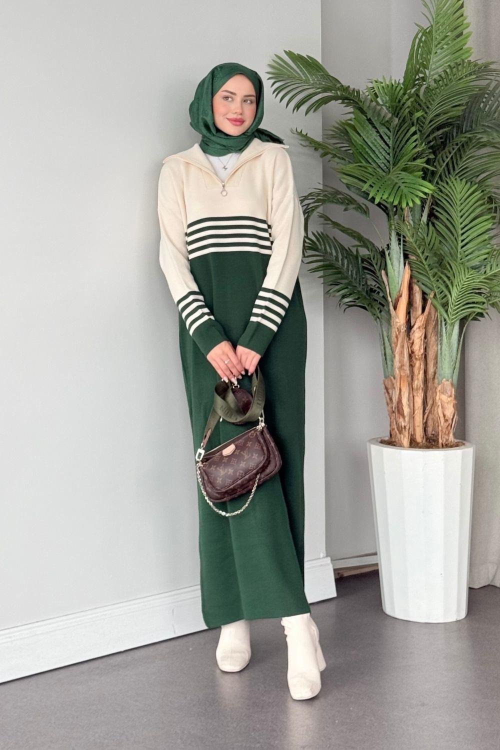 Çizgili Triko Elbise Yeşil 1366 