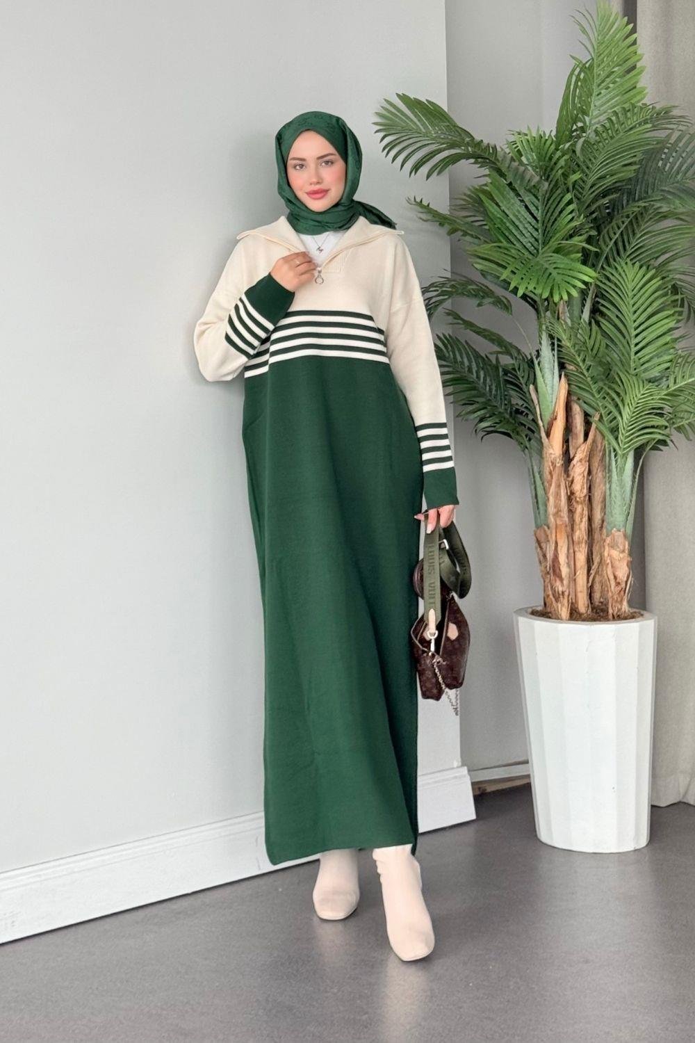 Çizgili Triko Elbise Yeşil 1366 