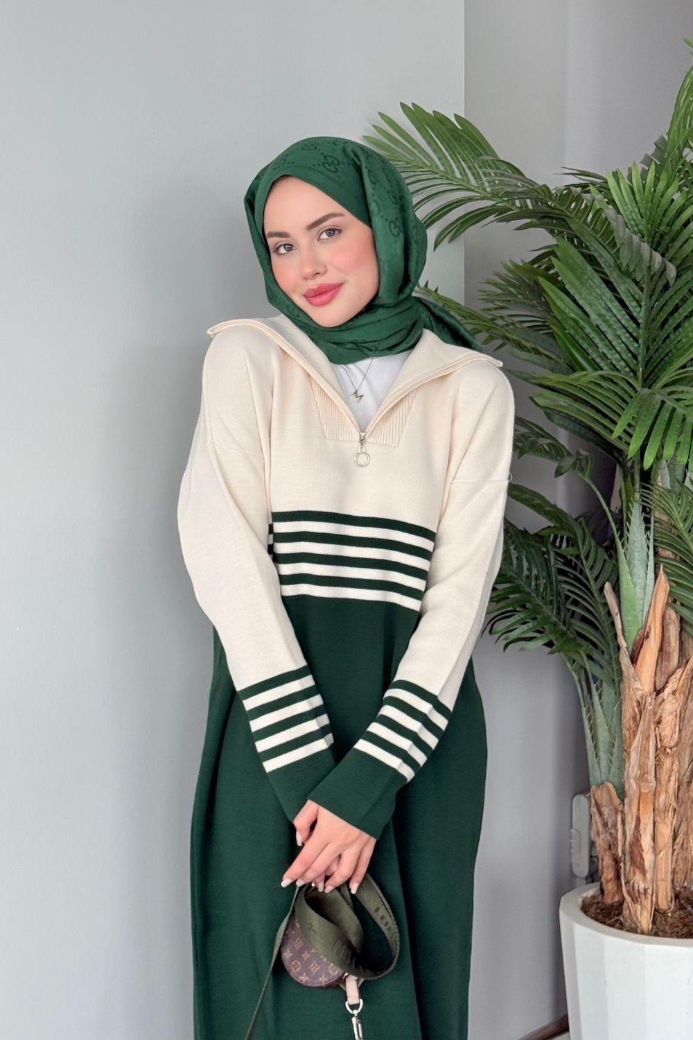 Çizgili Triko Elbise Yeşil 1366 