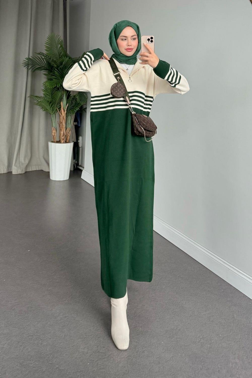 Çizgili Triko Elbise Yeşil 1366 