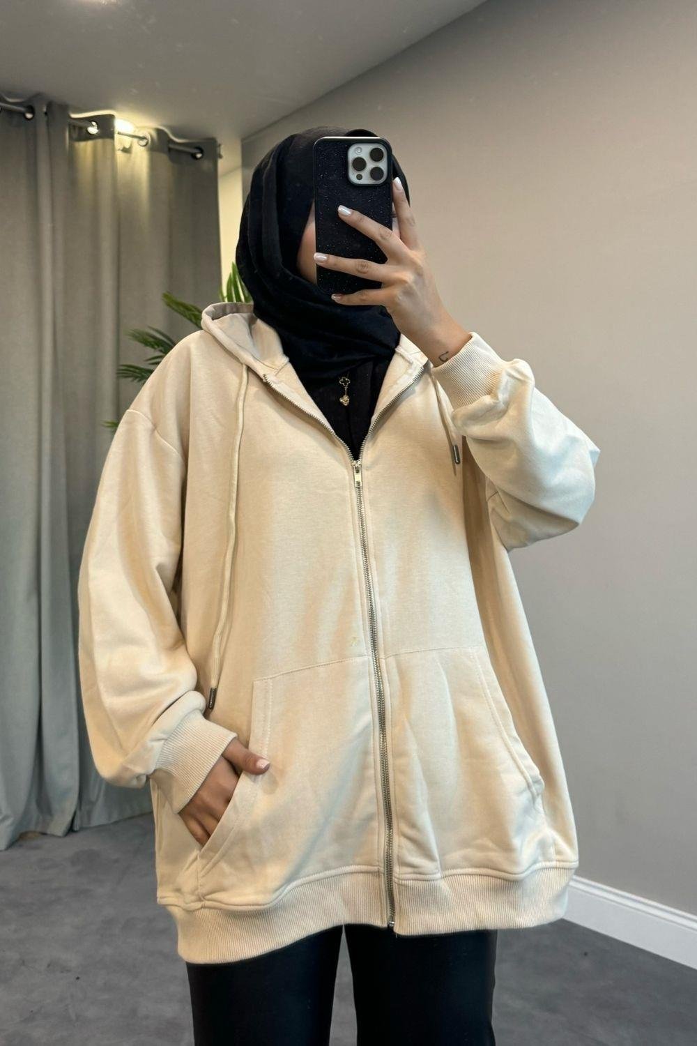 Fermuarlı Kapşonlu Sweat Bej 14106 