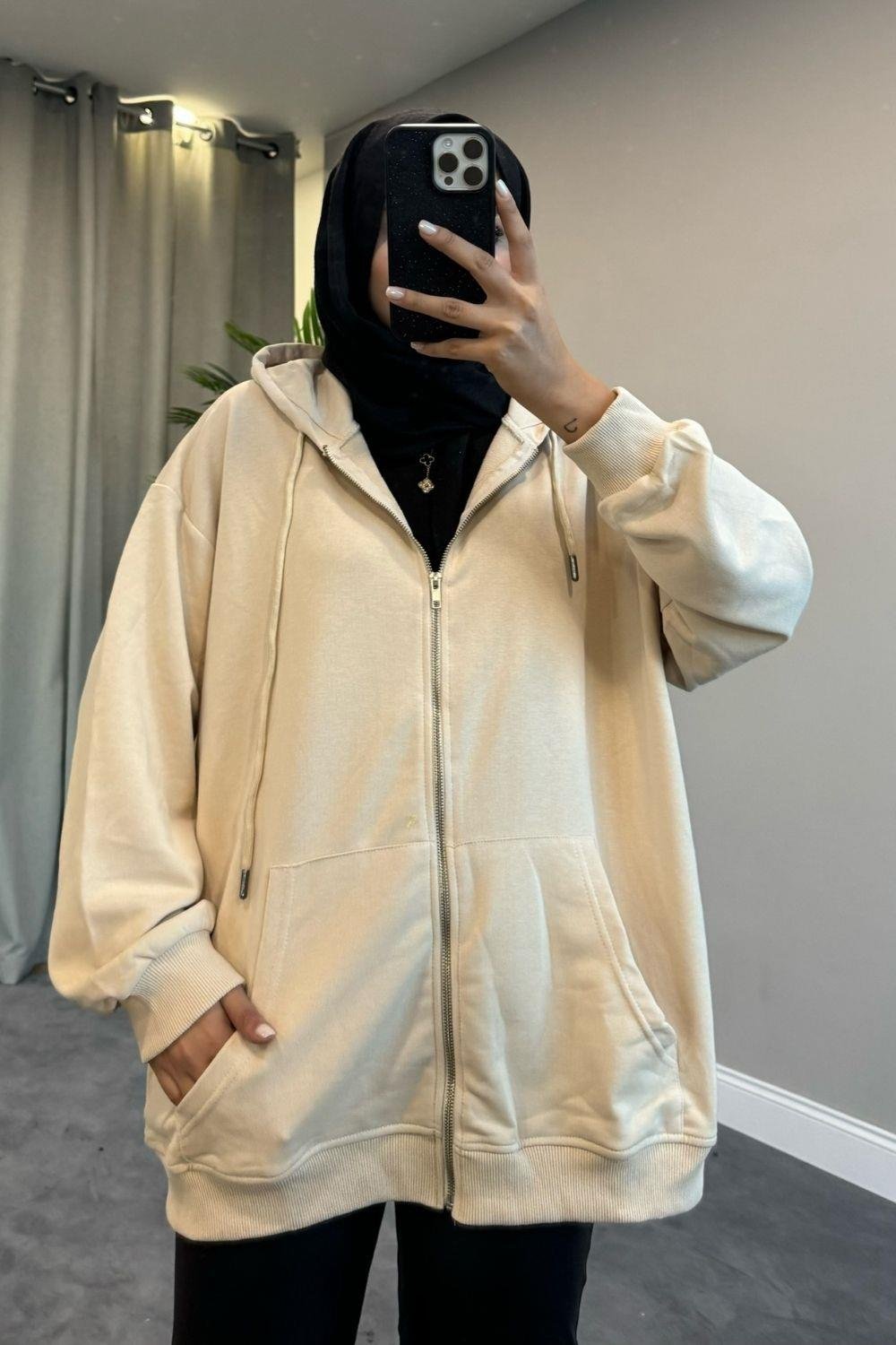 Fermuarlı Kapşonlu Sweat Bej 14106 