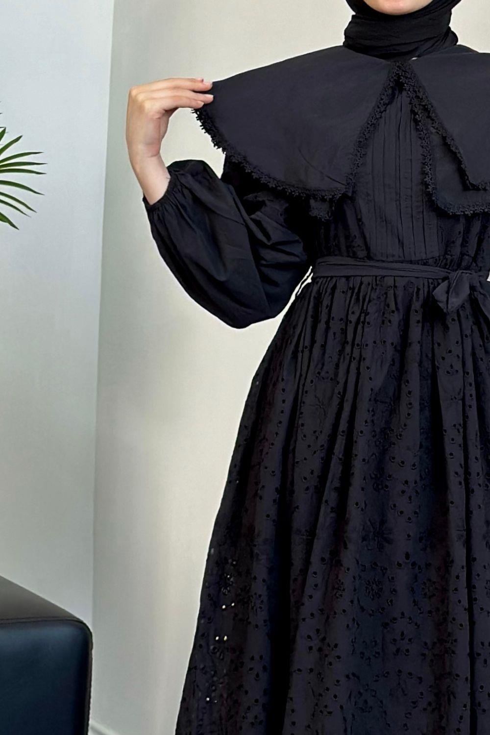 Geniş Yaka Fisto Elbise Siyah 1421 