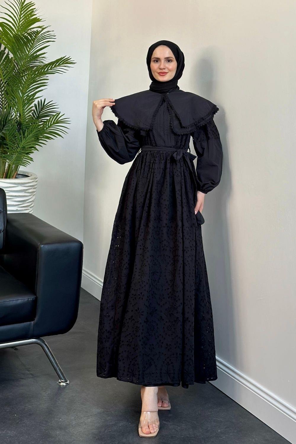 Geniş Yaka Fisto Elbise Siyah 1421 