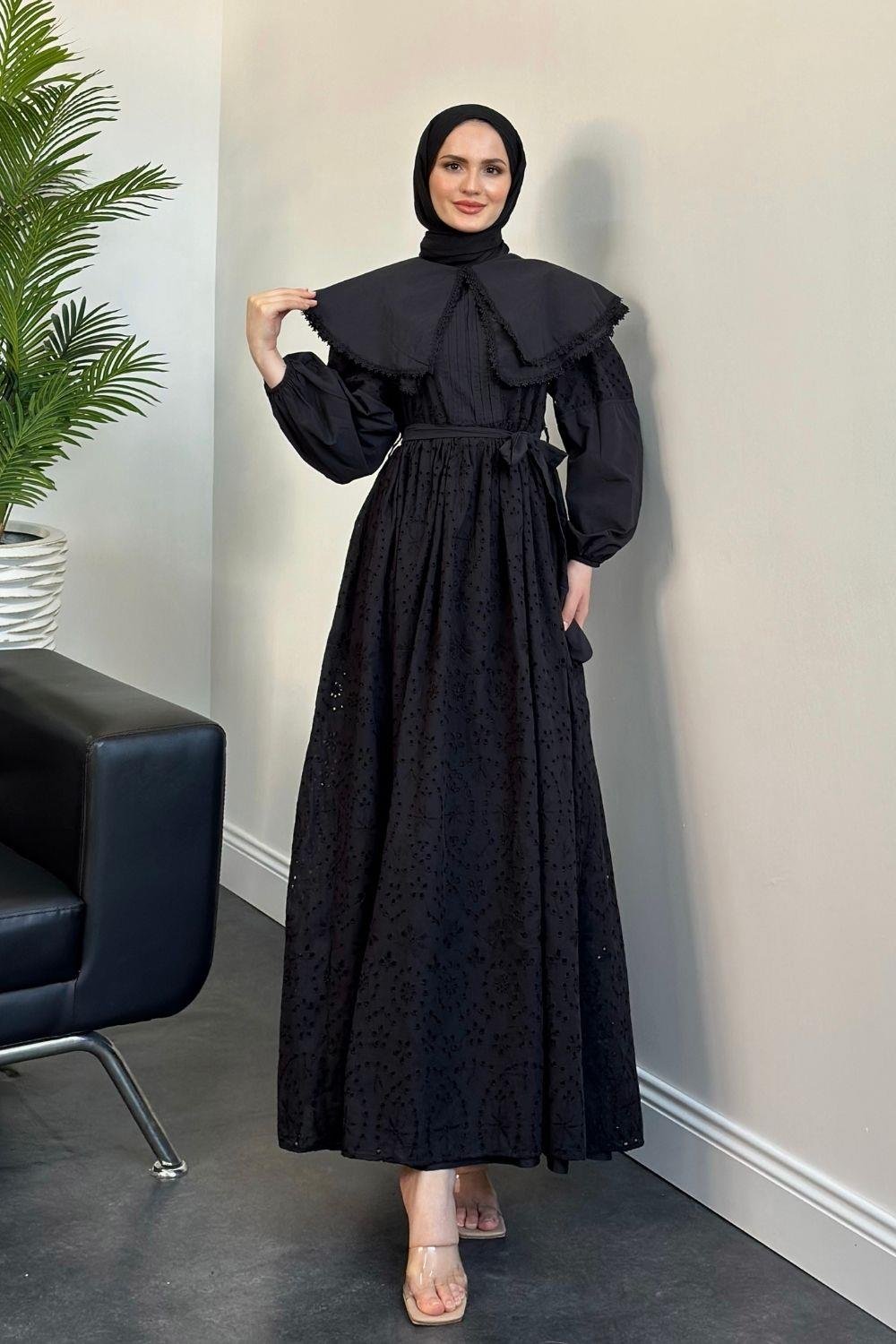 Geniş Yaka Fisto Elbise Siyah 1421 
