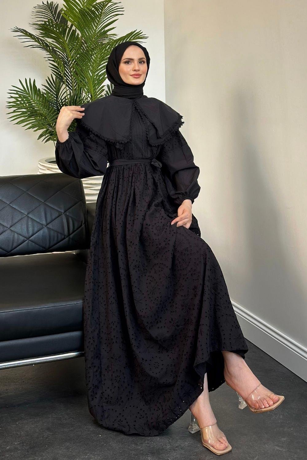 Geniş Yaka Fisto Elbise Siyah 1421 