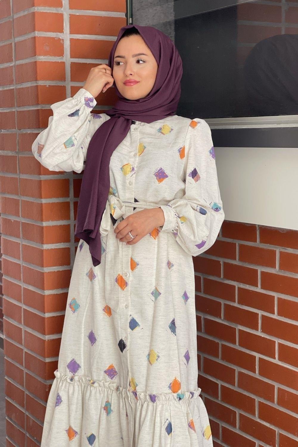 Desenli Keten Elbise Lila 1460 