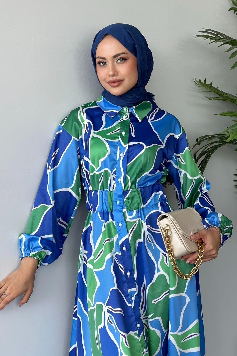 Ediz Desenli Saten Elbise Mavi 1486 