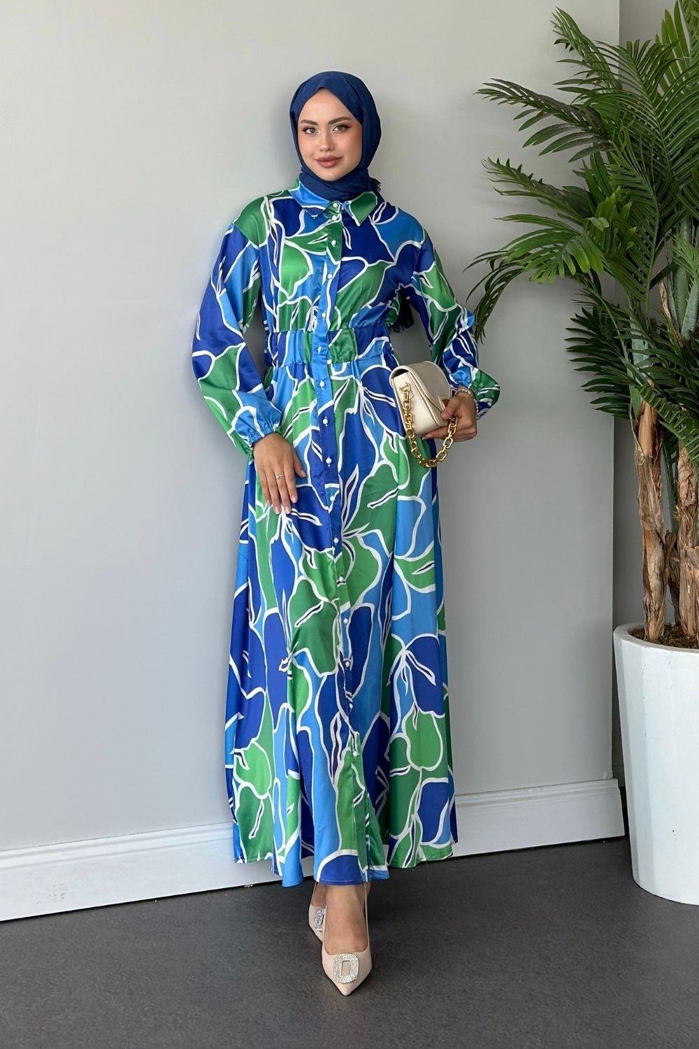 Ediz Desenli Saten Elbise Mavi 1486 