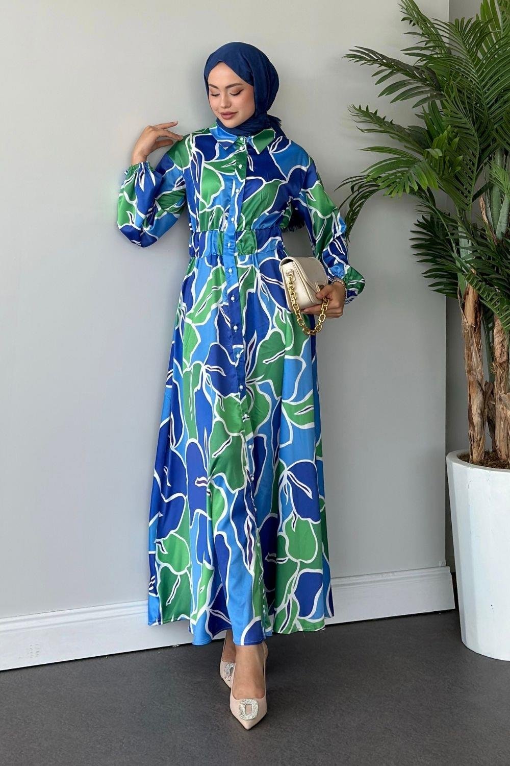 Ediz Desenli Saten Elbise Mavi 1486 