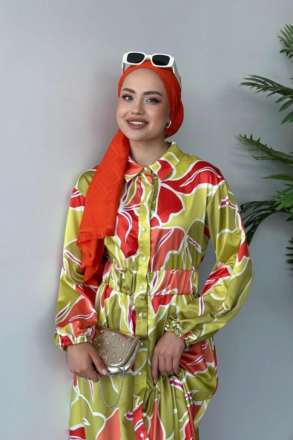 Ediz Desenli Saten Elbise Yağ Yeşili 1486 