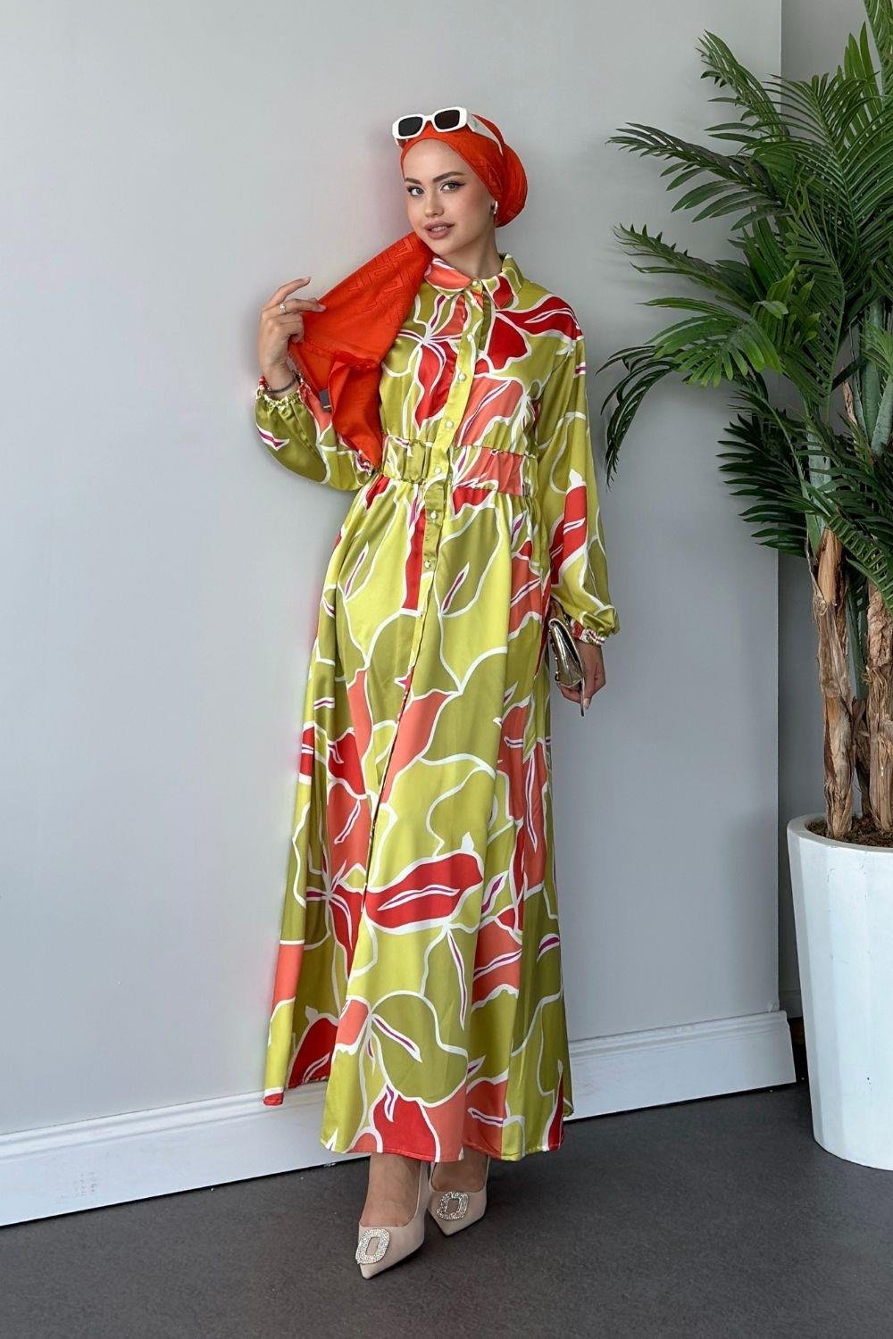 Ediz Desenli Saten Elbise Yağ Yeşili 1486 