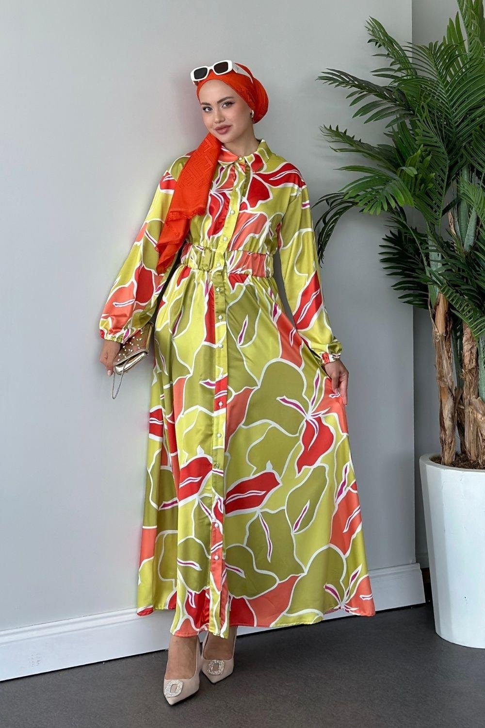 Ediz Desenli Saten Elbise Yağ Yeşili 1486 