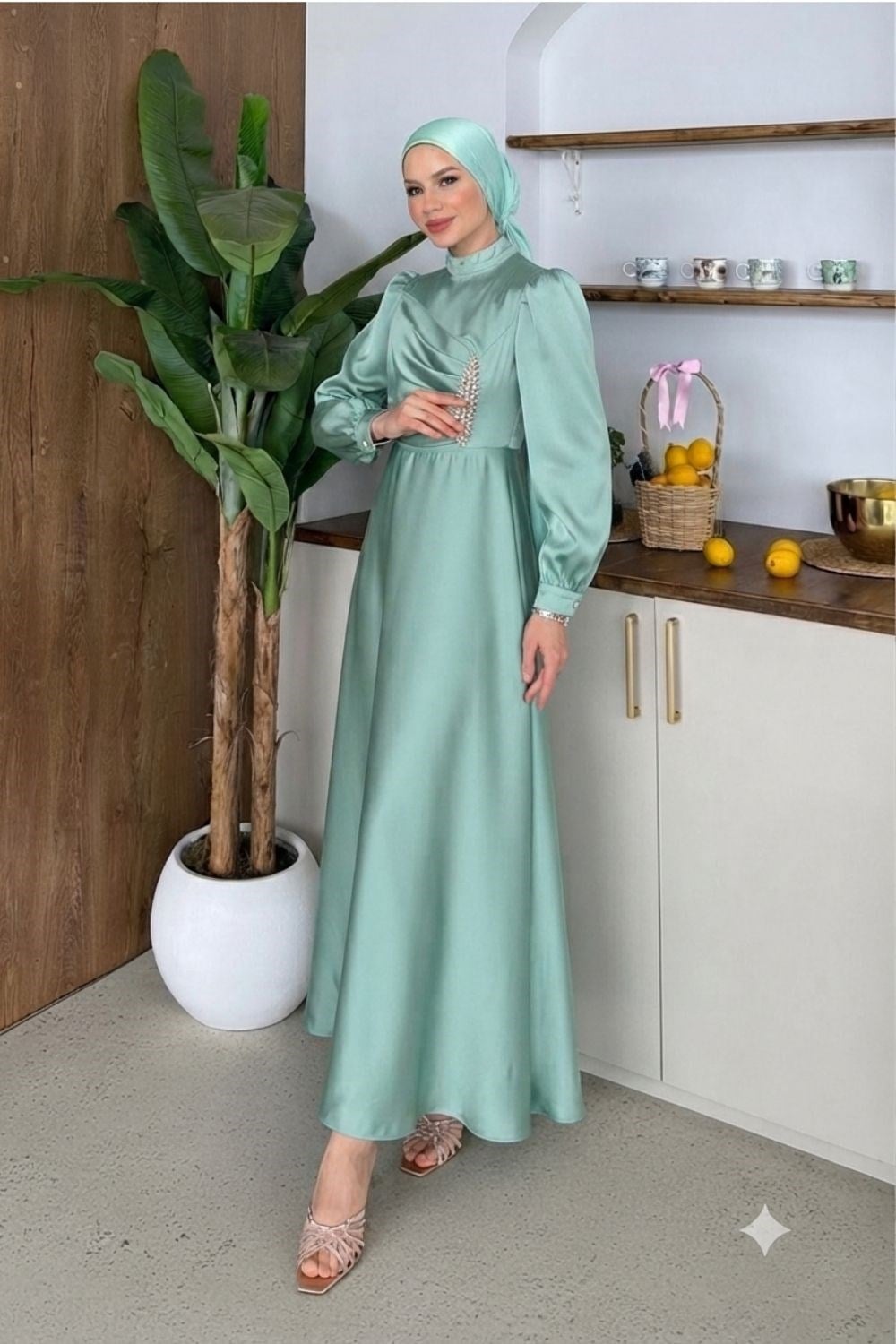 Taşlı Saten Abiye Mint 157 