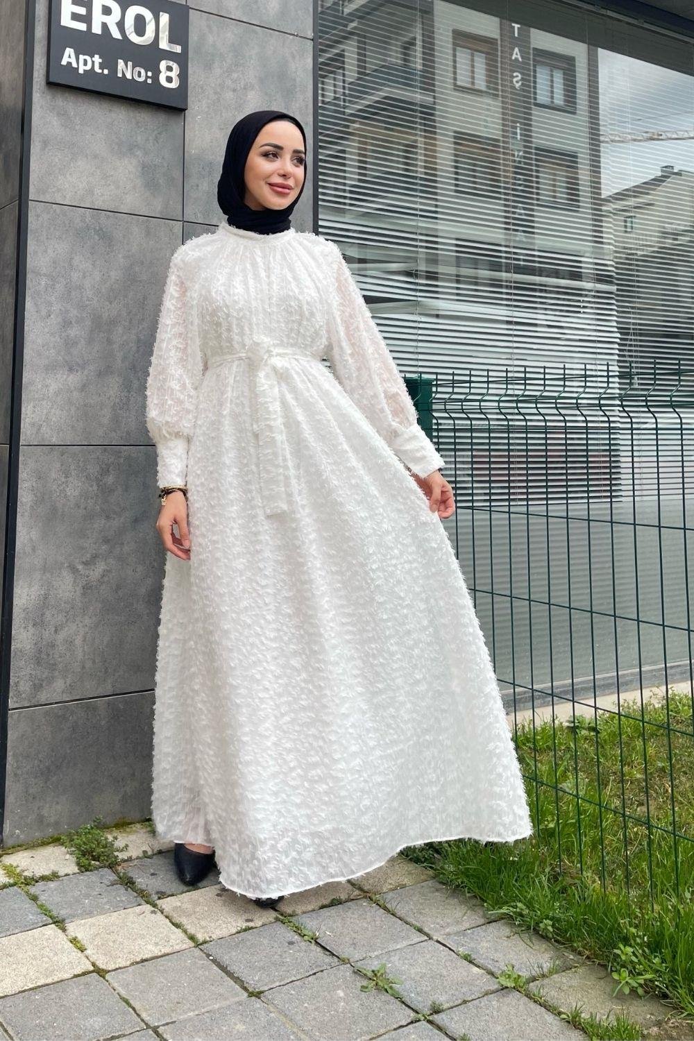 Pıtpıt Desenli Elbise Beyaz 1700 