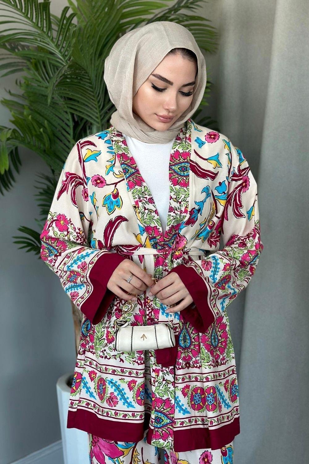 Sarmaşık Viskon Kimono Takım Bordo 1878 