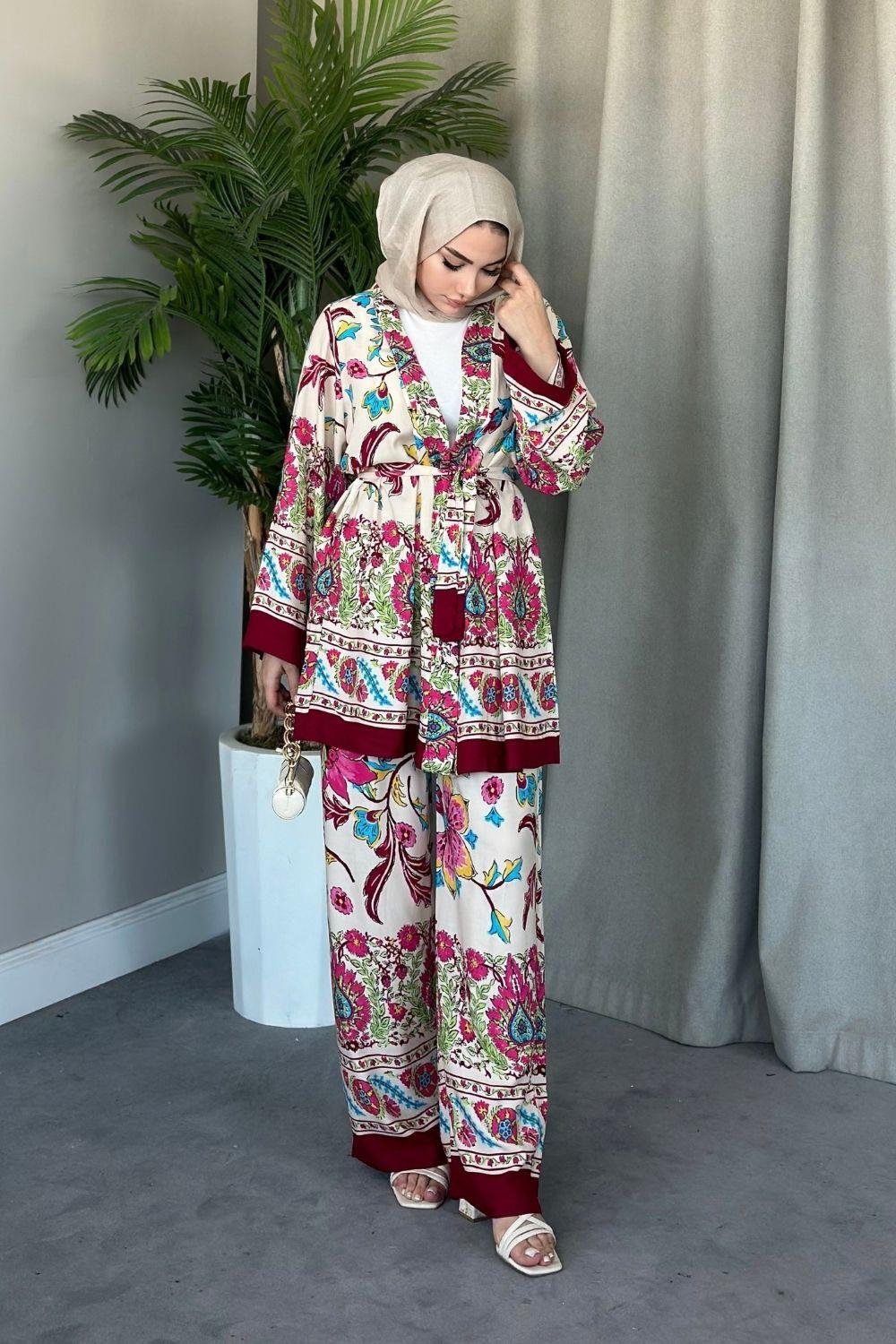 Sarmaşık Viskon Kimono Takım Bordo 1878 