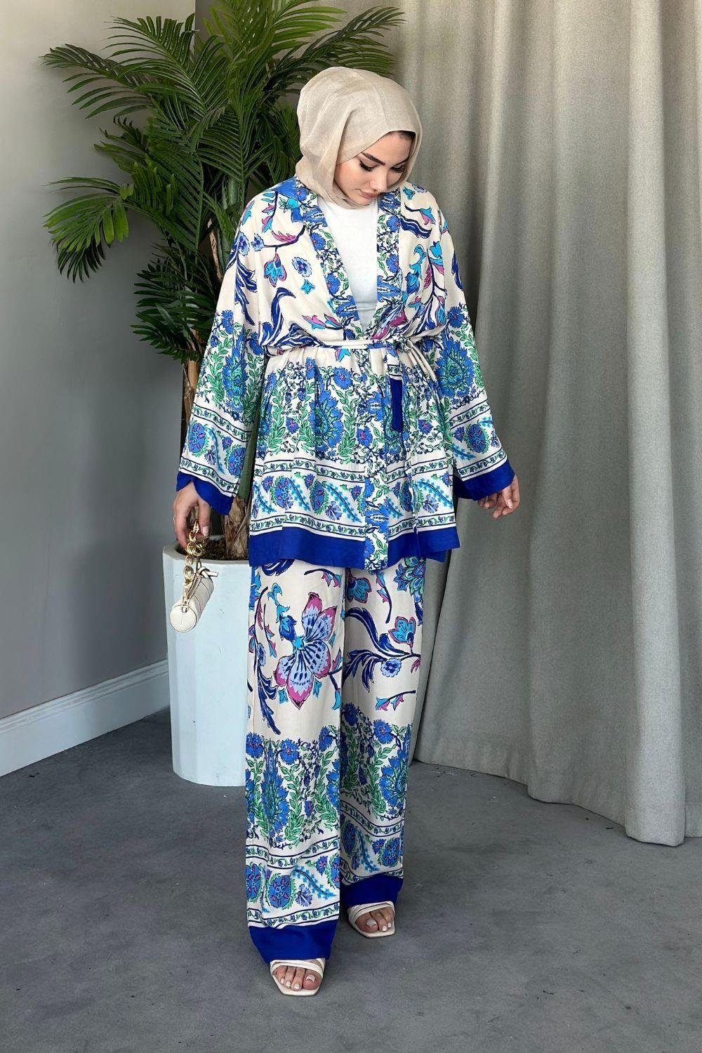 Sarmaşık Viskon Kimono Takım Saks 1878 