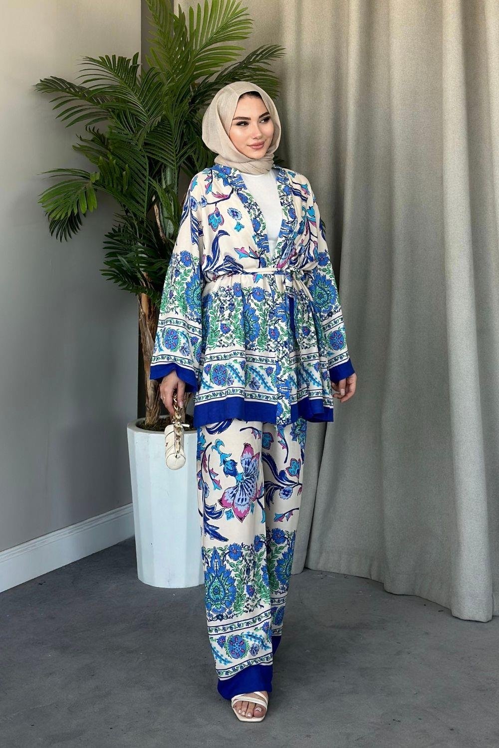 Sarmaşık Viskon Kimono Takım Saks 1878 