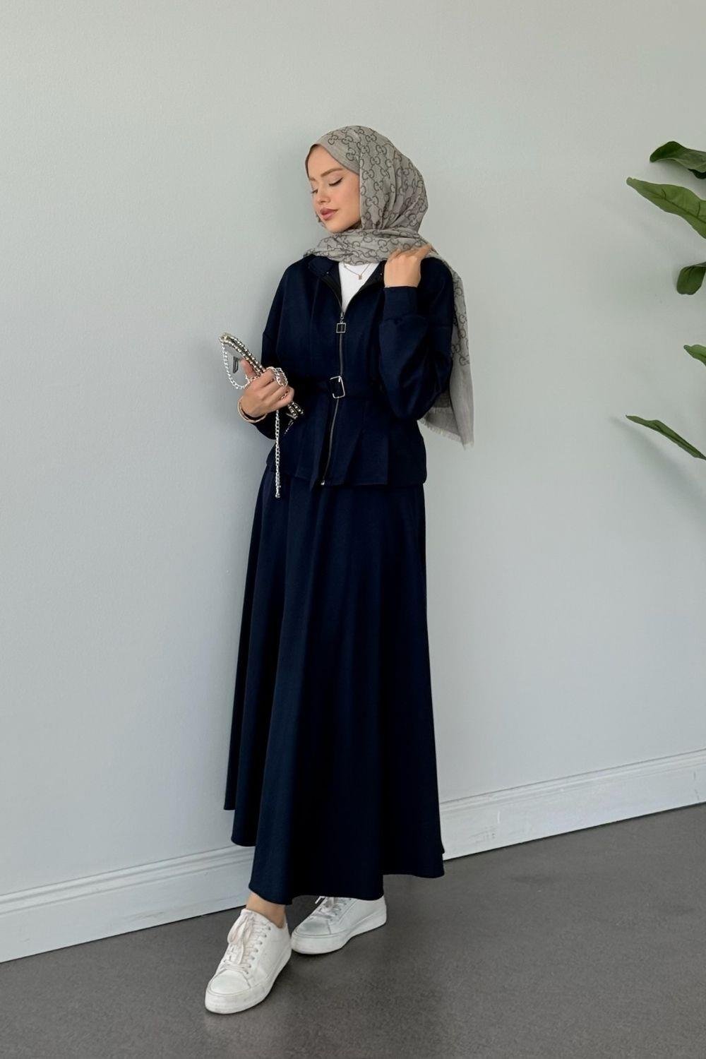 Ladik Bel Patlı Pileli Takım Lacivert 20215 