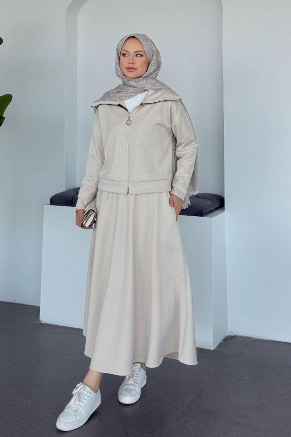 Perge Taşlı Takım Bej 20218 