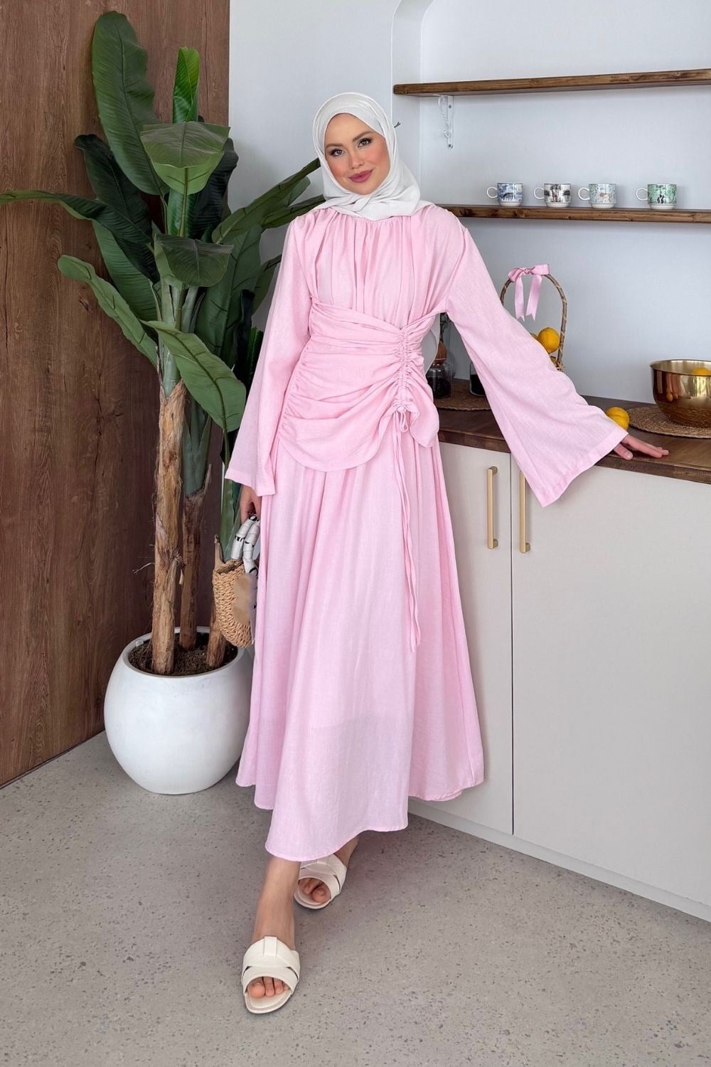 Troya Keten Elbise Pembe 20232 