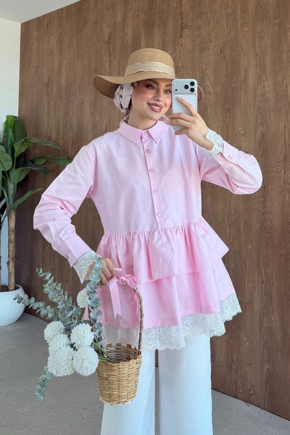 Leya Dantel Detay Gömlek Tunik Pembe 20249 