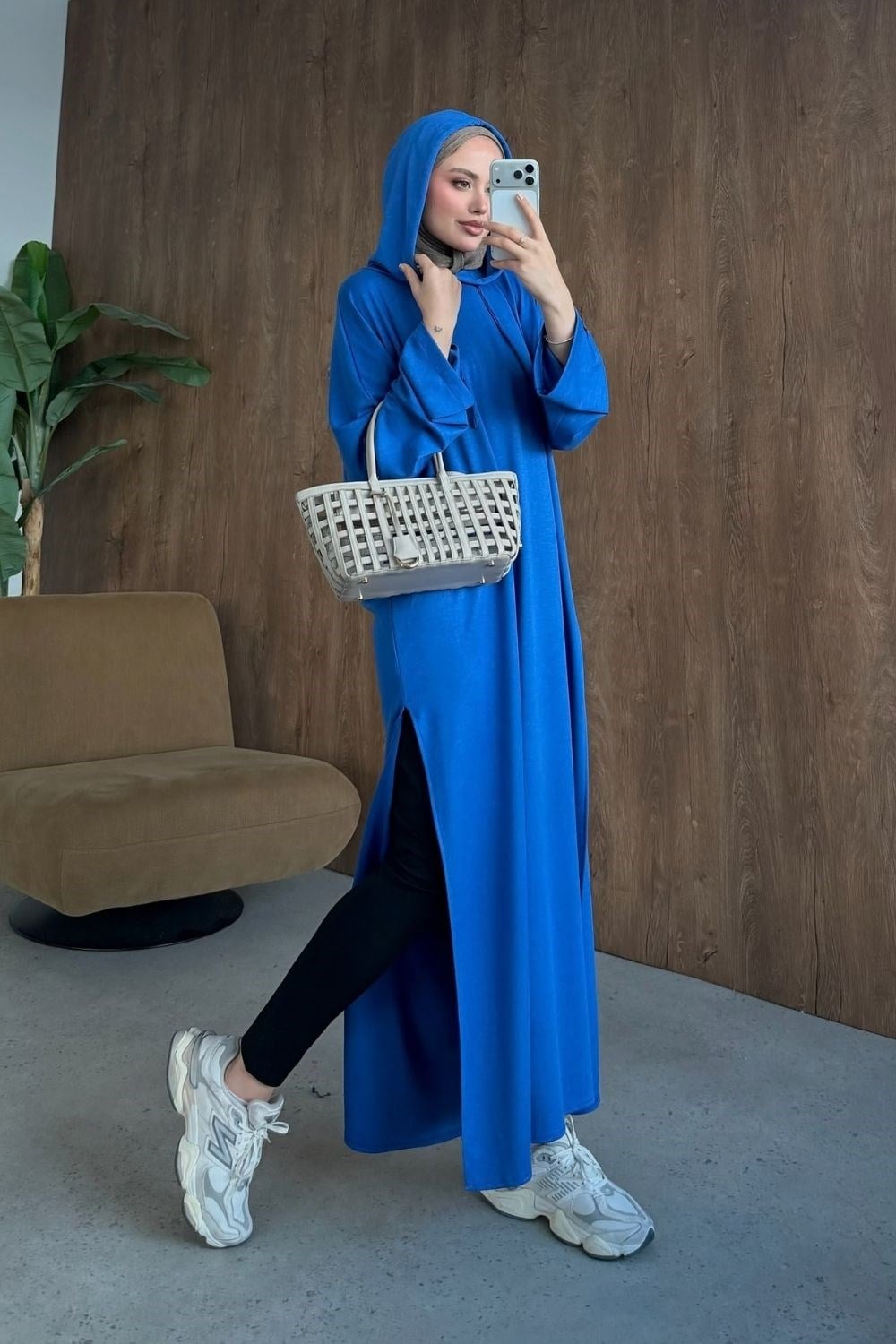 Yırtmaçlı Uzun Sweat Elbise Saks 20282 