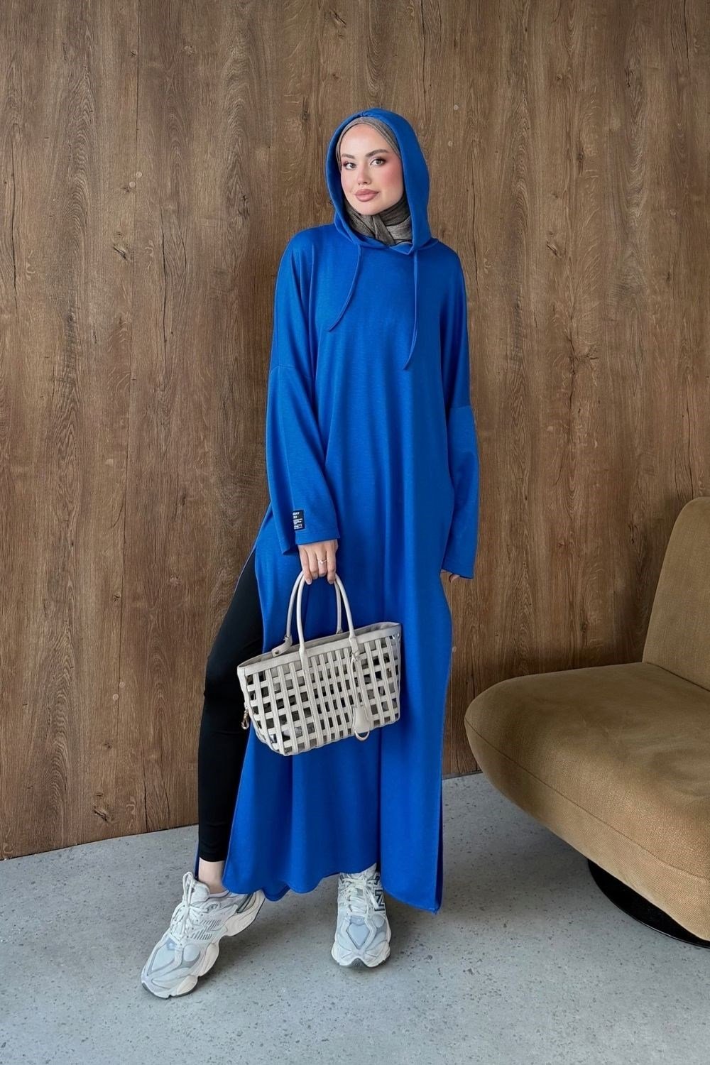 Yırtmaçlı Uzun Sweat Elbise Saks 20282 