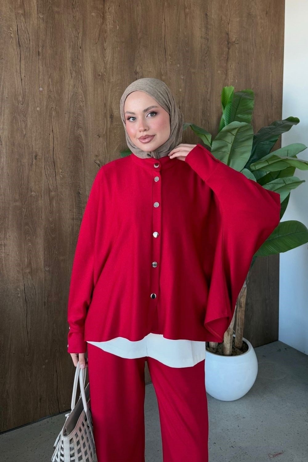 Yaprak Yarasa Kol Takım Kırmızı 20285 