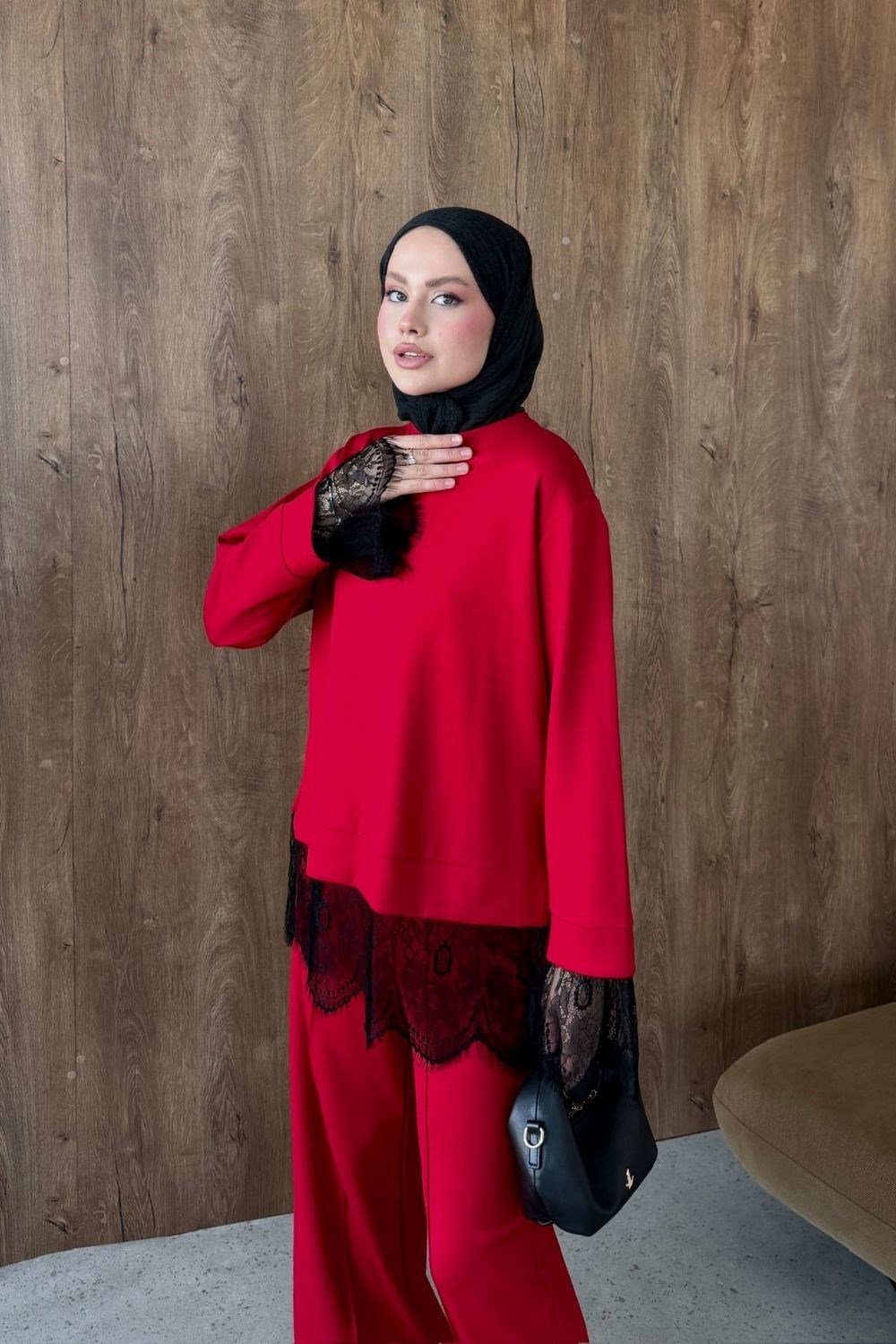 Feriye Dantel Takım Kırmızı 20299 