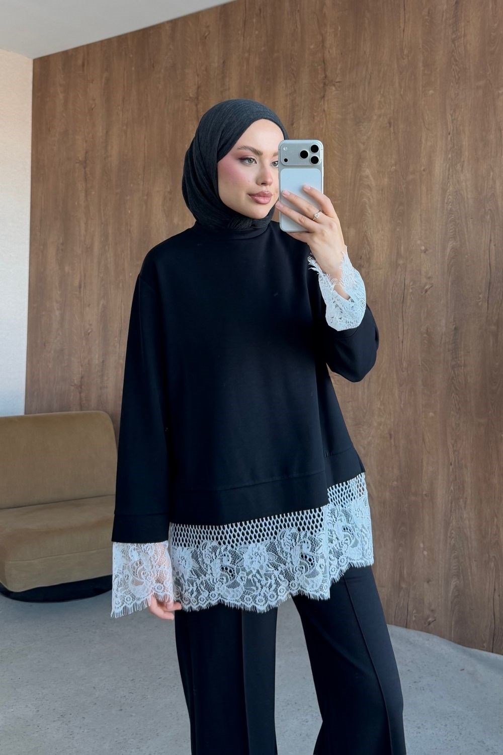Feriye Dantel Takım Siyah 20299 
