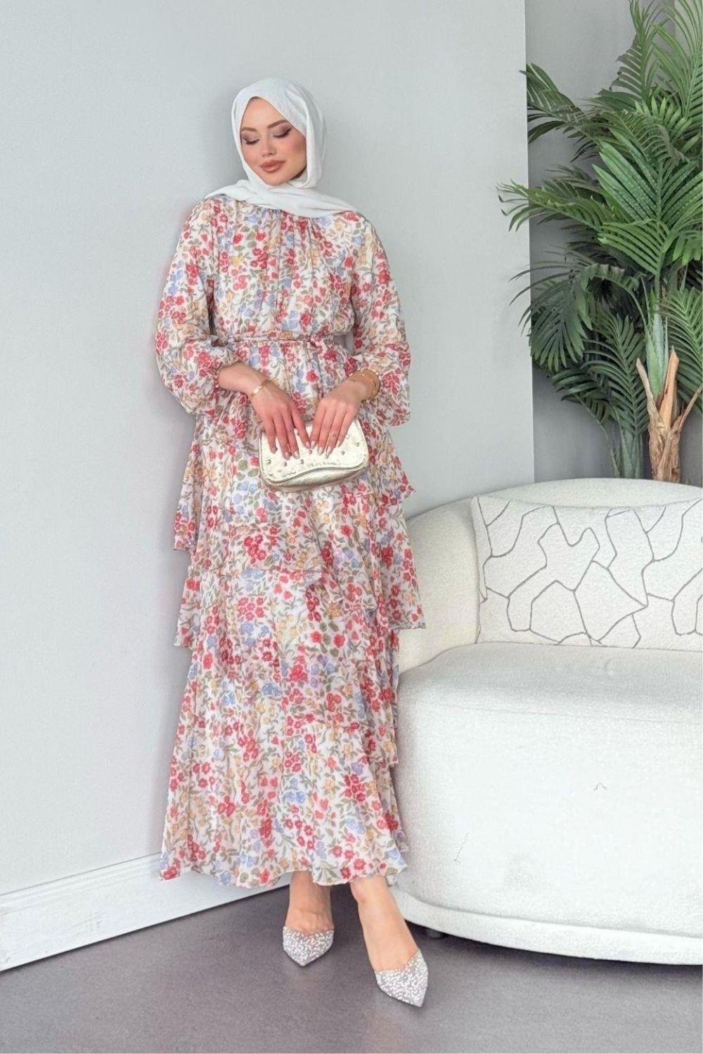 Rümeysa Desenli Elbise Kırmızı 20550 