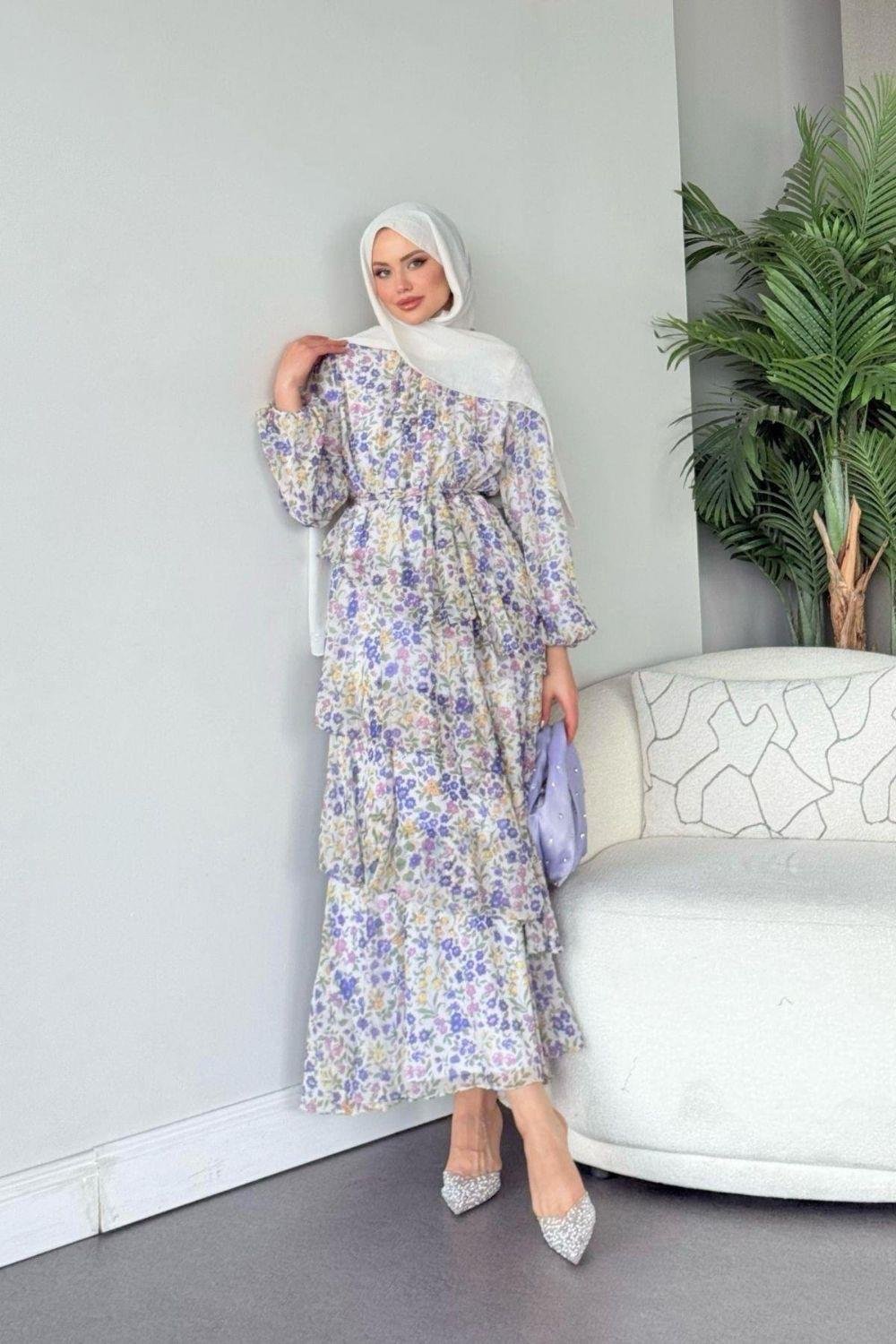 Rümeysa Desenli Elbise Lila 20550 