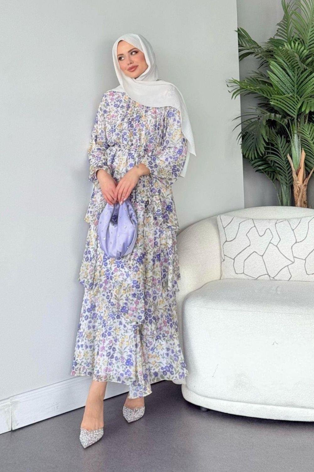 Rümeysa Desenli Elbise Lila 20550 