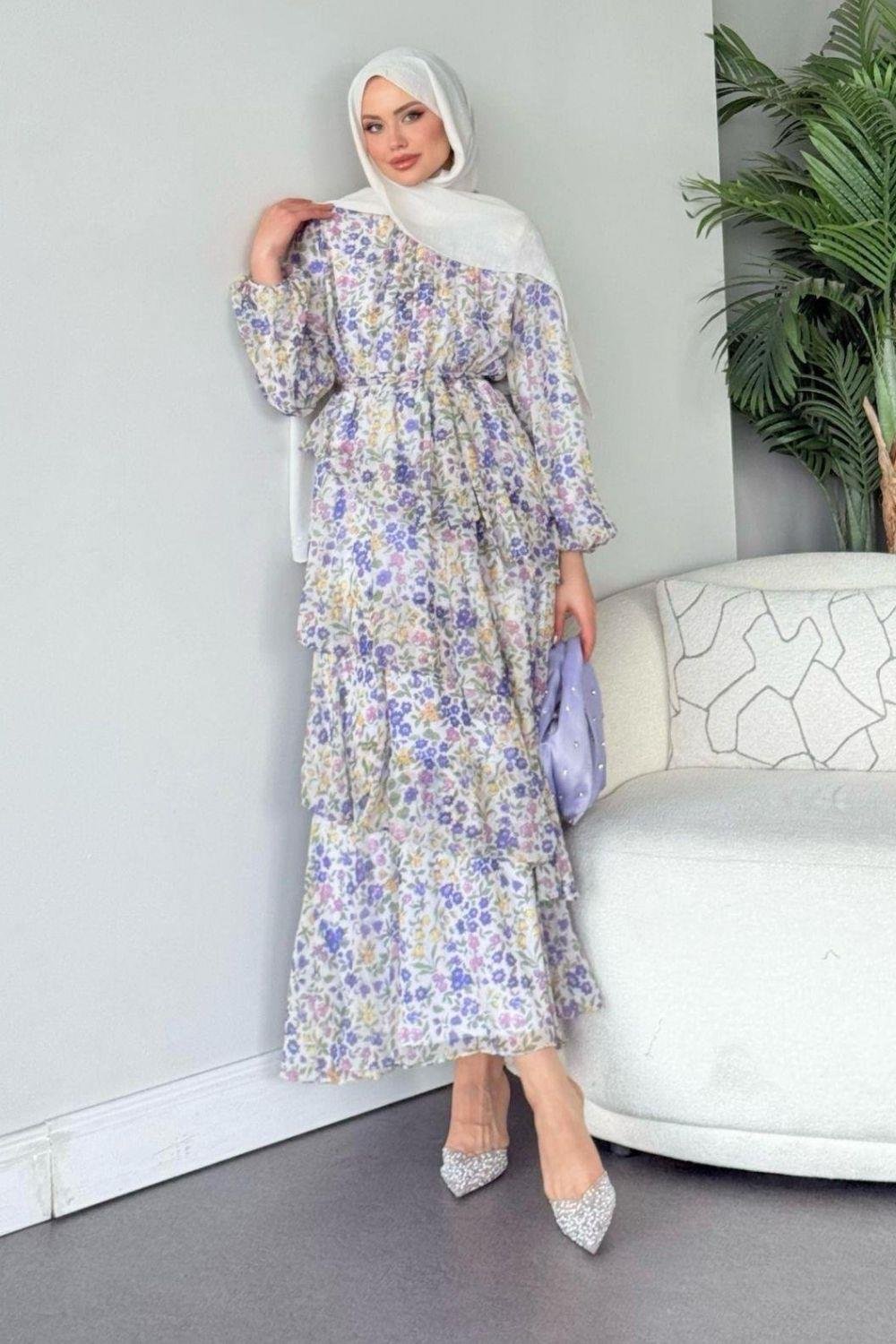 Rümeysa Desenli Elbise Lila 20550 
