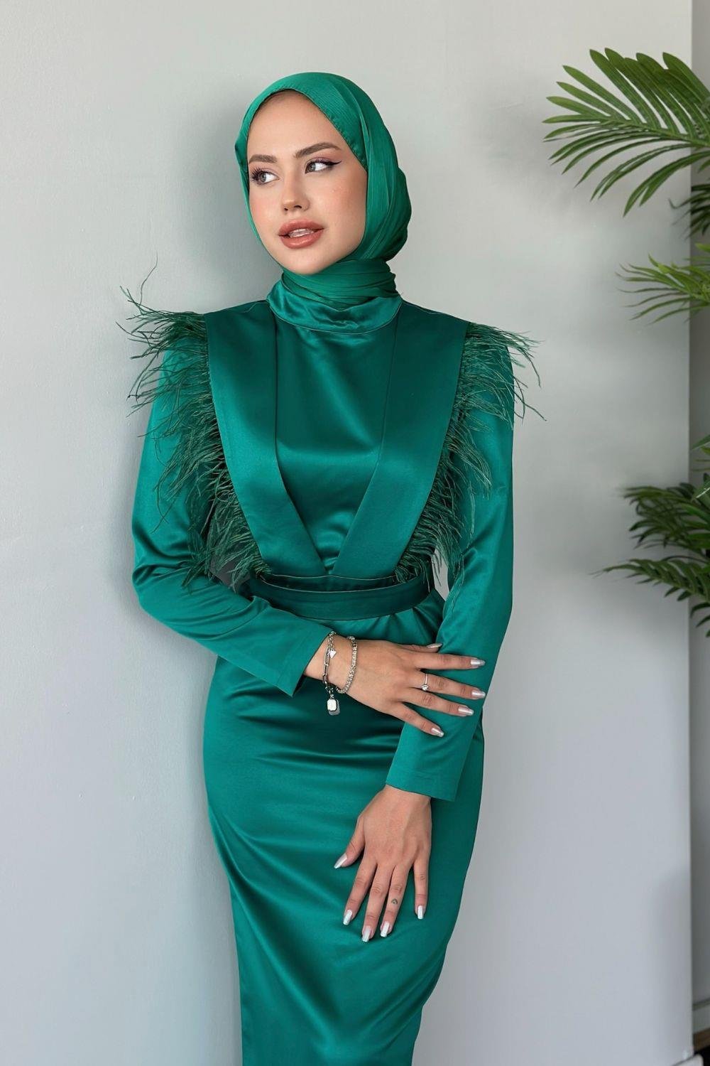 Linen Saten Abiye Zümrüt 20800 