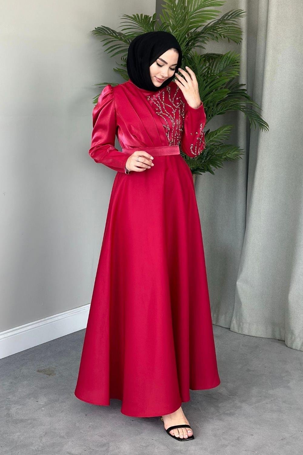 Tafta Kumaş Taş İşlemeli Kırmızı 2206 