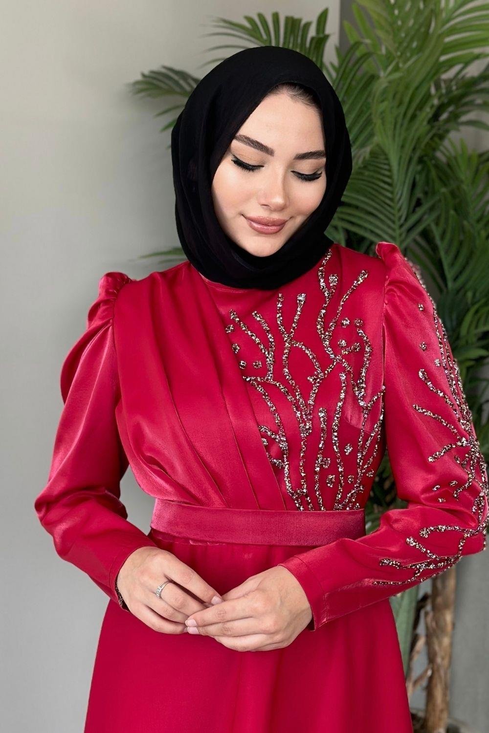 Tafta Kumaş Taş İşlemeli Kırmızı 2206 