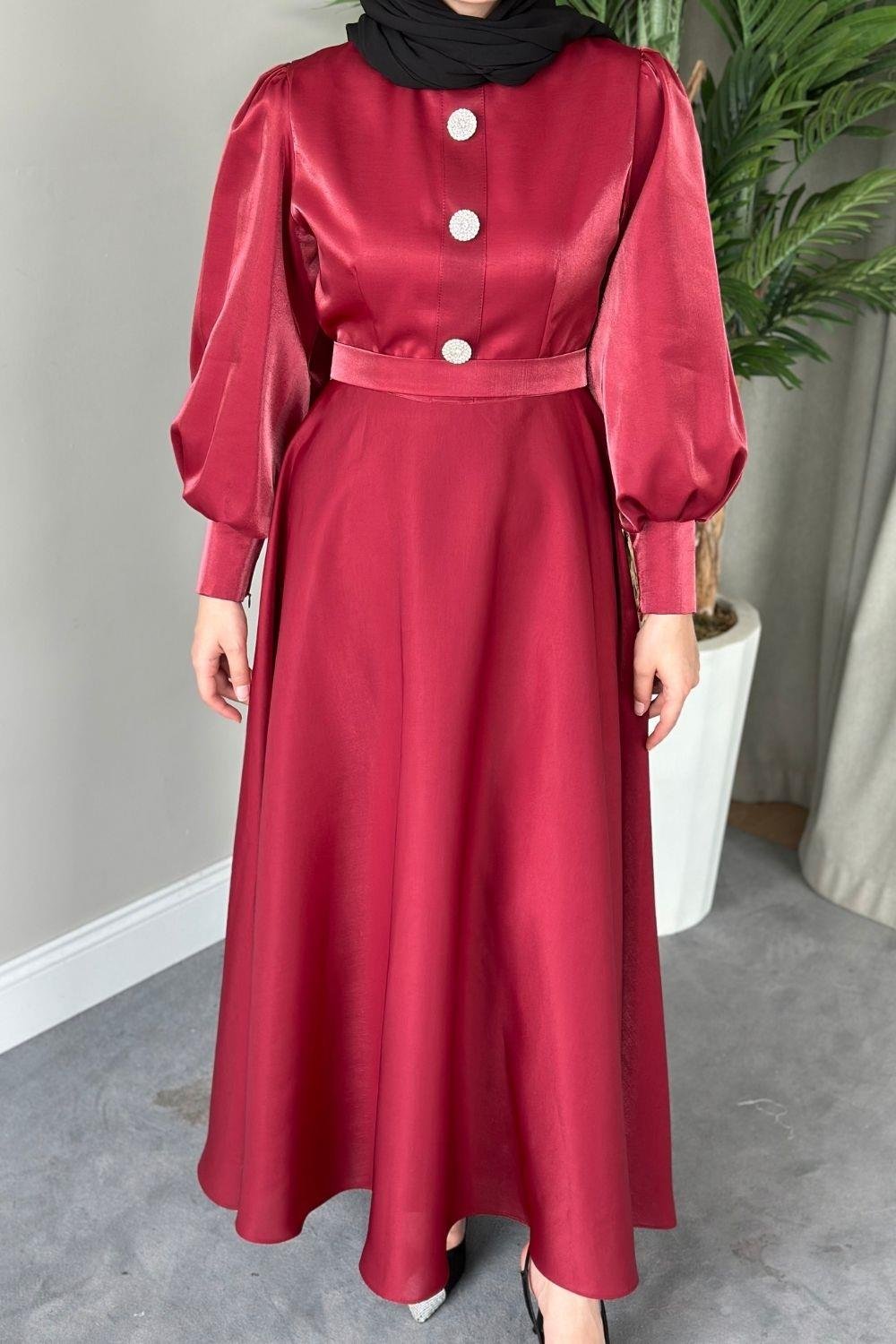 Üç Düğmeli Balon Kol Abiye Bordo 2210 