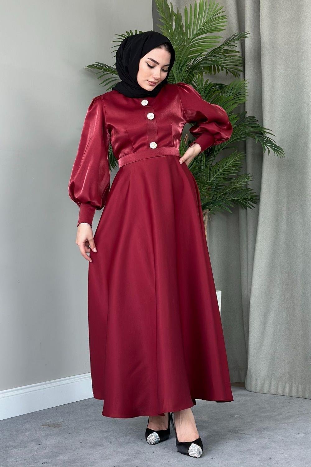 Üç Düğmeli Balon Kol Abiye Bordo 2210 