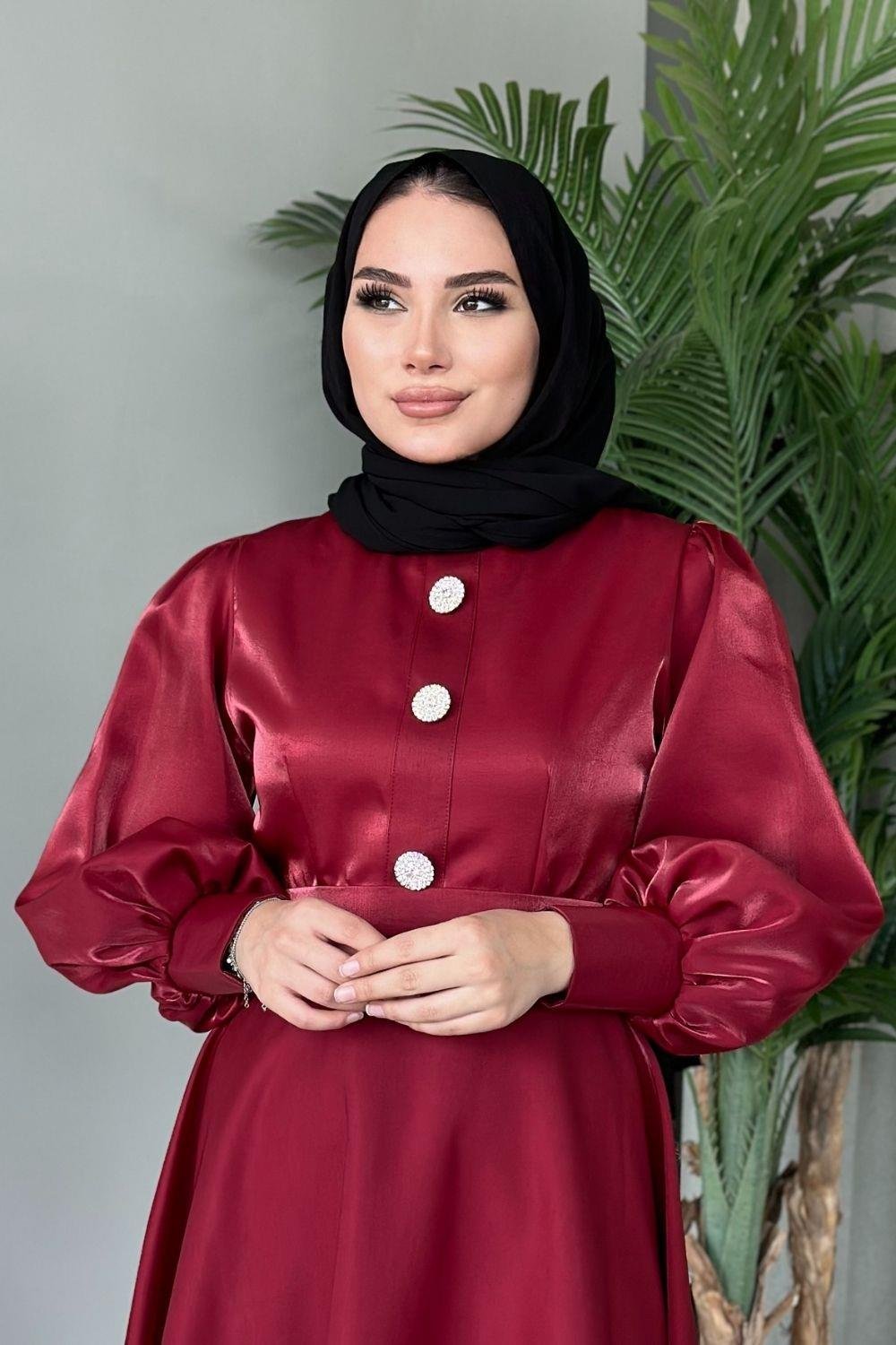 Üç Düğmeli Balon Kol Abiye Bordo 2210 