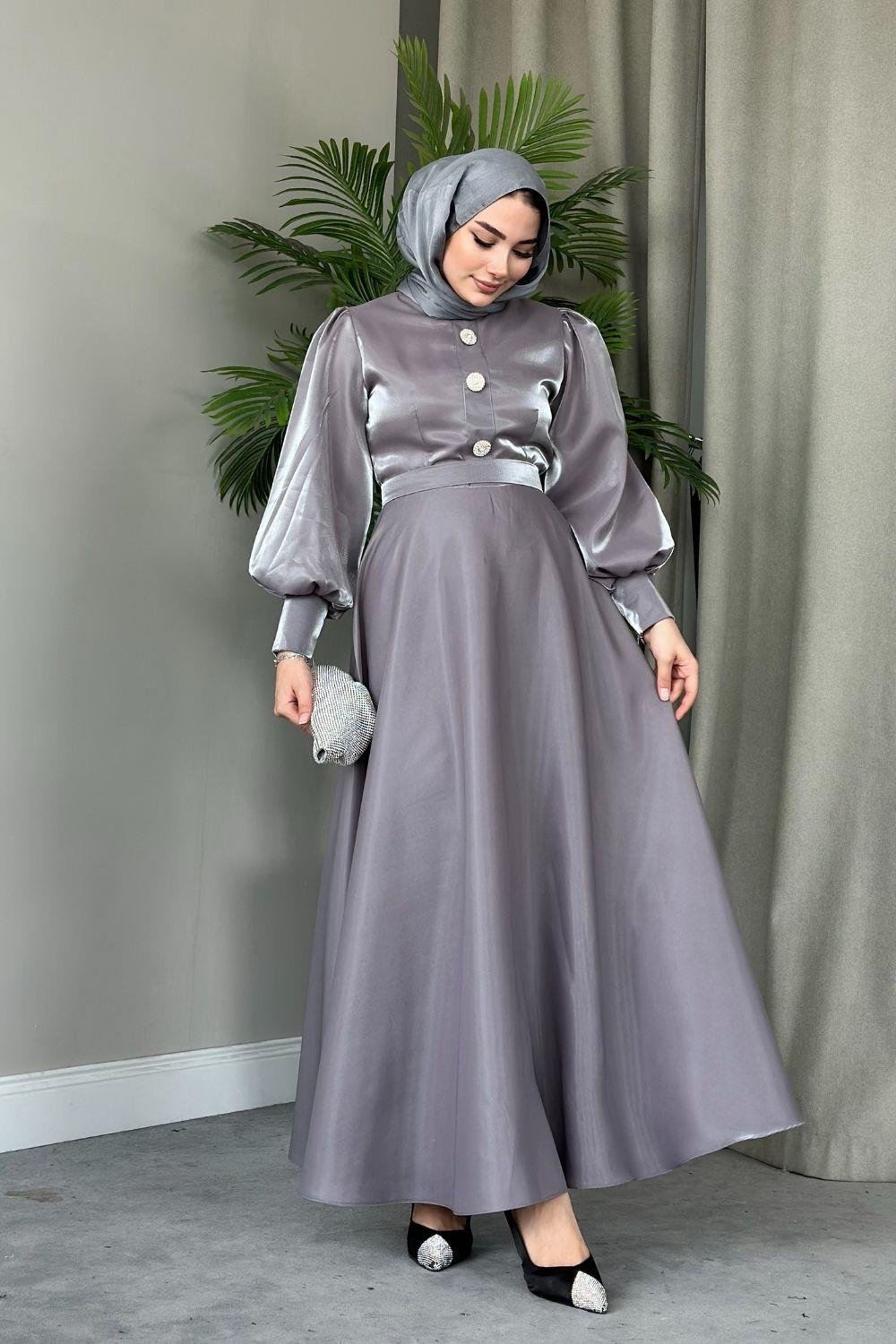 Üç Düğmeli Balon Kol Abiye Gri 2210 