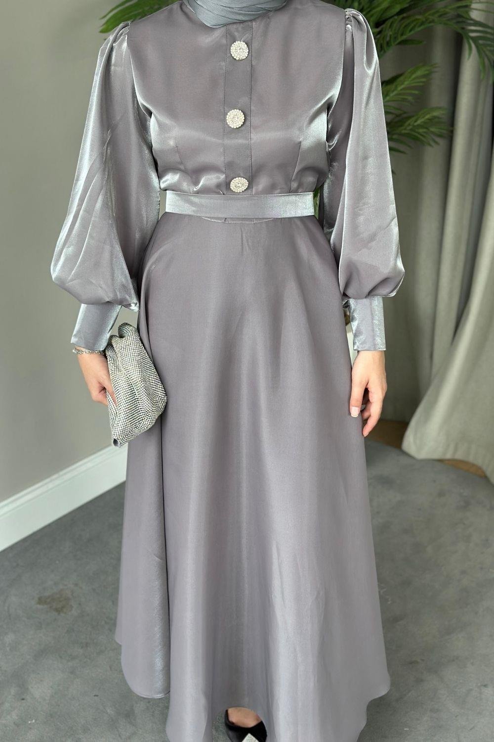 Üç Düğmeli Balon Kol Abiye Gri 2210 