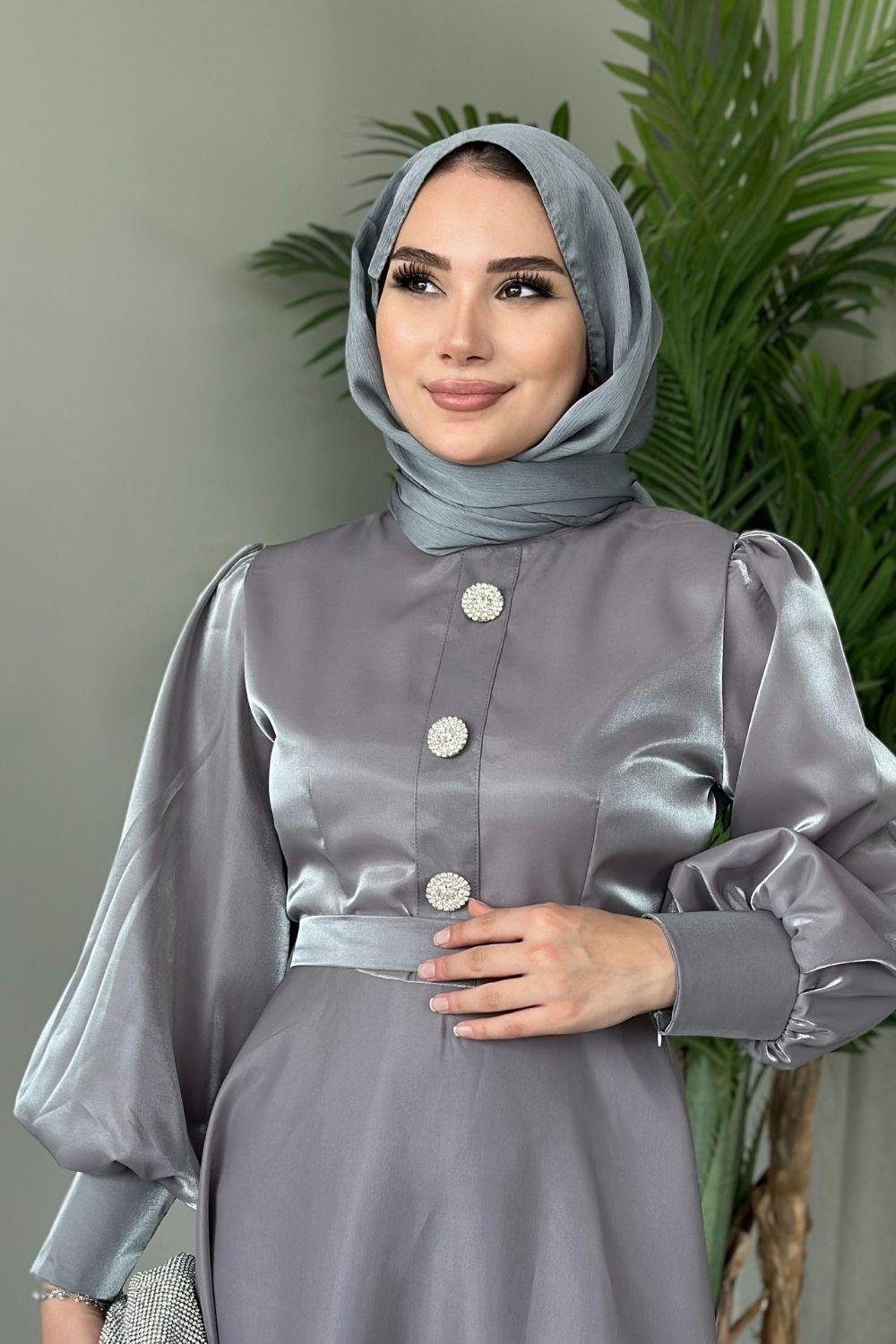 Üç Düğmeli Balon Kol Abiye Gri 2210 