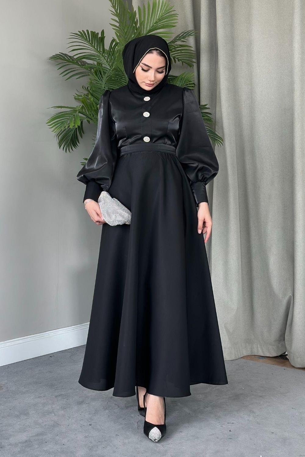 Üç Düğmeli Balon Kol Abiye Siyah 2210 