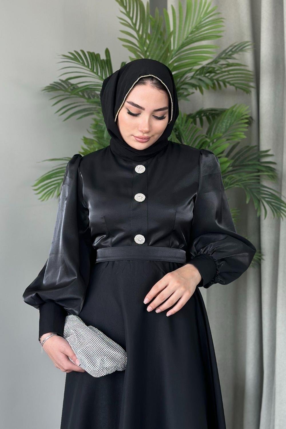 Üç Düğmeli Balon Kol Abiye Siyah 2210 